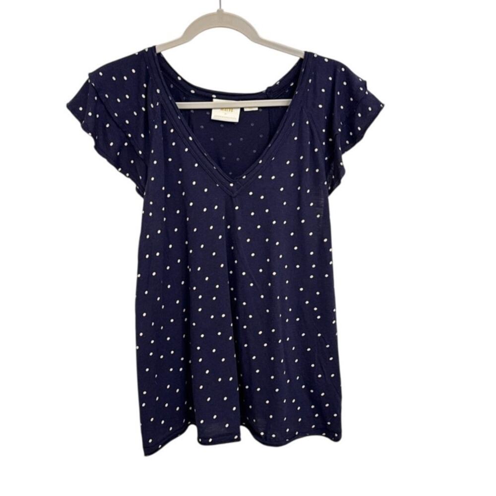 Anthropologie Navy Blue Polka Dot V-Neck Blouse